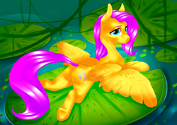 Size: 4000x2830 | Tagged: safe, artist:amberpendant, fluttershy, pegasus, pony, female, lilypad, looking over shoulder, mare, plot, prone, solo, spread wings, wings