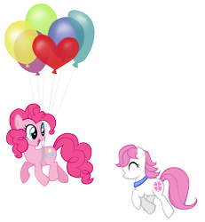 Size: 2770x3000 | Tagged: safe, artist:petraea, pinkie pie, oc, oc:sundance, earth pony, pony, balloon, female, floating, high res, mare, simple background, then watch her balloons lift her up to the sky, transparent background, vector