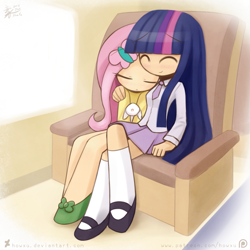 Size: 1299x1299 | Tagged: safe, artist:howxu, derpibooru import, angel bunny, fluttershy, twilight sparkle, human, clothes, cute, dawwww, eyes closed, female, humanized, lesbian, missing nose, shipping, shyabetes, sitting, skirt, smiling, twiabetes, twishy