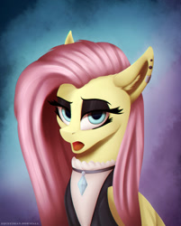 Size: 1024x1272 | Tagged: safe, artist:equestrian-downfall, fluttershy, pegasus, pony, fake it 'til you make it, alternate hairstyle, clothes, ear piercing, earring, eyeshadow, female, fluttergoth, goth, jewelry, lidded eyes, makeup, mare, piercing, solo