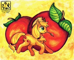 Size: 700x562 | Tagged: safe, artist:ars-erminae, applejack, earth pony, pony, apple, applejack's hat, cowboy hat, female, food, freckles, giant apple, hat, mare, marker drawing, solo, straw, traditional art