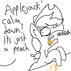 Size: 1280x1280 | Tagged: safe, artist:tjpones, applejack, earth pony, pony, aaaaaaaaaa, dialogue, eating, food, offscreen character, partial color, peach, screaming, simple background, solo, white background