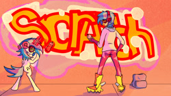 Size: 2870x1614 | Tagged: safe, artist:aaronmk, dj pon-3, vinyl scratch, human, crossover, graffiti, headphones, humanized, jet set radio, roller skates, self ponidox