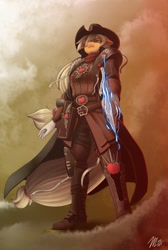 Size: 862x1280 | Tagged: safe, artist:amaraburrger, applejack, anthro, plantigrade anthro, clothes, commission, crossover, disgusted, female, hat, inquisition, inquisitor, power sword, signature, solo, sword, warhammer (game), warhammer 40k, weapon