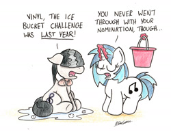 Size: 1826x1435 | Tagged: safe, artist:bobthedalek, dj pon-3, octavia melody, vinyl scratch, earth pony, pony, unicorn, bucket, dialogue, duo, eyes closed, frown, hair over eyes, hidden eyes, ice bucket challenge, open mouth, puddle, text, traditional art, wet, wet mane