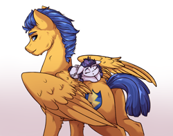 Size: 2509x1977 | Tagged: safe, artist:marbola, flash sentry, oc, oc:onyx glow, pegasus, pony, baby, baby pony, father and child, father and daughter, female, looking back, male, offspring, papa flash, parent and child, parent:flash sentry, parent:twilight sparkle, parents:flashlight, pigtails, ponies riding ponies, simple background, sleeping, smiling