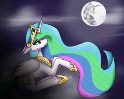 Size: 1000x800 | Tagged: safe, artist:krissograph, princess celestia, alicorn, pony, crying, cutie mark, ethereal mane, eye clipping through hair, floppy ears, jewelry, mare in the moon, moon, night, prone, redraw, regalia, solo