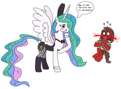 Size: 2760x2041 | Tagged: safe, artist:supahdonarudo, princess celestia, oc, oc:ironyoshi, alicorn, pony, unicorn, blank eyes, blood, blushing, bowtie, bunny ears, bunny suit, bunnylestia, clothes, cuffs (clothes), dialogue, explosive nosebleed, female, fishnet stockings, heart, male, mare, nosebleed, simple background, speech bubble, stallion, text, transparent background