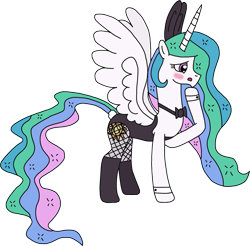 Size: 1957x1925 | Tagged: safe, artist:supahdonarudo, derpibooru exclusive, edit, princess celestia, alicorn, pony, blushing, bowtie, bunny ears, bunny suit, bunnylestia, clothes, cuffs (clothes), fishnet stockings, simple background, transparent background