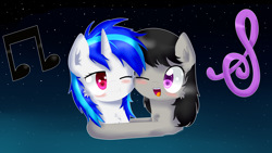 Size: 3264x1836 | Tagged: safe, artist:alexander56910, dj pon-3, octavia melody, vinyl scratch, earth pony, pony, blushing, chest fluff, cute, cutie mark, female, hug, lesbian, scratchtavia, shipping, stars