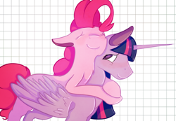 Size: 1280x887 | Tagged: safe, artist:vampdoq, derpibooru import, pinkie pie, twilight sparkle, twilight sparkle (alicorn), alicorn, earth pony, pony, blushing, female, hug, lesbian, mare, shipping, twinkie