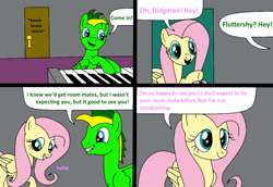 Size: 980x673 | Tagged: safe, artist:didgereethebrony, fluttershy, oc, oc:didgeree, pegasus, pony, comic:wreck of the renaissance, cabin, door, electric piano, piano