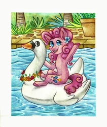 Size: 1024x1214 | Tagged: safe, artist:twixyamber, pinkie pie, earth pony, pony, cute, diapinkes, female, flower, flower in hair, inflatable, inflatable toy, mare, pool toy, riding, solo, swan boat, swimming pool, traditional art, water