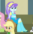 Size: 116x118 | Tagged: safe, screencap, applejack, aqua blossom, fluttershy, equestria girls, friendship games, boots, bowtie, clothes, cowboy hat, cropped, ear piercing, earring, flower, frown, hat, headband, high heel boots, jewelry, piercing, skirt, stetson