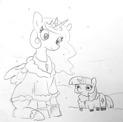 Size: 1339x1325 | Tagged: safe, artist:tjpones, princess celestia, twilight sparkle, alicorn, pony, clothes, coat, cute, cutelestia, duo, monochrome, pencil drawing, snow, snowfall, traditional art, twiabetes, twiggie, winter outfit