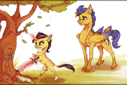 Size: 3000x2000 | Tagged: safe, artist:marbola, flash sentry, oc, oc:adelia, pony, female, filly, magic, offspring, parent:flash sentry, parent:twilight sparkle, parents:flashlight, sword, tree, weapon