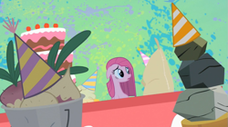 Size: 845x473 | Tagged: safe, screencap, madame leflour, mr. turnip, pinkie pie, rocky, sir lintsalot, earth pony, pony, party of one, abstract background, female, hat, mare, party hat, pinkamena diane pie, rock, turnip