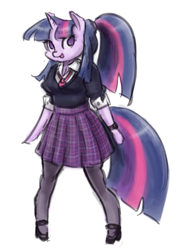 Size: 659x900 | Tagged: safe, artist:king-kakapo, derpibooru import, twilight sparkle, anthro, alternate hairstyle, clothes, necktie, ponytail, sketch, skirt, solo, stockings, vest