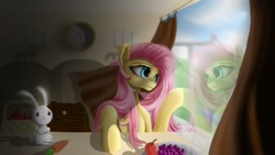 Size: 1191x670 | Tagged: safe, artist:fluttersheeeee, angel bunny, fluttershy, pegasus, pony, rabbit, curtains, duo, female, food, mare, reflection, window