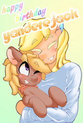 Size: 1280x1896 | Tagged: safe, artist:theobrobine, applejack, oc, oc:colt surly, anthro, pony, anthro with ponies, clothes, eyes closed, female, gift art, hug, mare, one eye closed, smiling, yandere, yanderejack