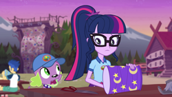 Size: 1920x1080 | Tagged: safe, screencap, flash sentry, sci-twi, spike, spike the regular dog, twilight sparkle, dog, equestria girls, legend of everfree, camp everfree logo, camp everfree outfits, cap, female, glasses, hat, male, ponytail, spike's dog collar