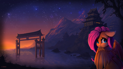 Size: 2560x1440 | Tagged: safe, artist:halkun, artist:jengas, artist:miokomata, fluttershy, pegasus, pony, mountain, night, scenery, solo, stars, temple, torii, water