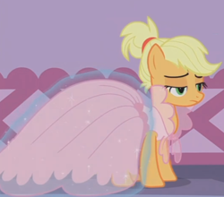 Size: 1054x927 | Tagged: safe, screencap, applejack, earth pony, pony, honest apple, alternate hairstyle, clothes, cropped, cute, dress, solo