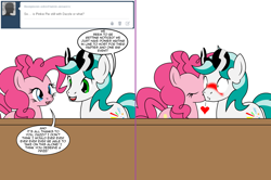 Size: 1204x800 | Tagged: safe, artist:dekomaru, pinkie pie, oc, oc:dazzle, earth pony, pony, ask, blushing, canon x oc, comic, female, kissing, male, shipping, stallion, straight, tumblr, tumblr:ask twixie