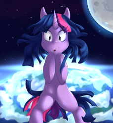 Size: 1600x1745 | Tagged: safe, artist:sourspot, derpibooru import, twilight sparkle, unicorn twilight, pony, unicorn, looking at you, messy mane, moon, planet, solo, space