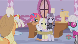 Size: 1234x694 | Tagged: safe, screencap, applejack, inky rose, lily lace, photo finish, starstreak, earth pony, pony, honest apple, out of context, tied up