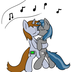 Size: 1280x1280 | Tagged: safe, artist:xenithion, oc, oc only, oc:homage, oc:littlepip, pony, unicorn, fallout equestria, bipedal, clothes, cutie mark, eyes closed, fanfic, fanfic art, female, horn, kissing, lesbian, mare, oc x oc, pipmage, shipping, simple background, white background