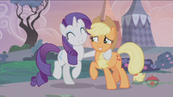 Size: 1234x694 | Tagged: safe, screencap, applejack, rarity, earth pony, pony, unicorn, honest apple