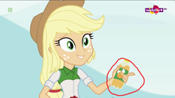 Size: 1600x900 | Tagged: safe, edit, edited screencap, screencap, applejack, dance magic, equestria girls, spoiler:eqg specials, bottle, juice, orange juice, solo, teletoon