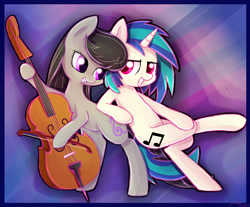 Size: 3209x2662 | Tagged: safe, artist:artoftheghostie, dj pon-3, octavia melody, vinyl scratch, earth pony, pony, cello, grin, leaning, musical instrument