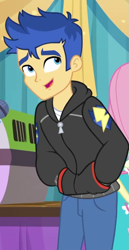 Size: 525x1019 | Tagged: safe, screencap, flash sentry, fluttershy, best in show: the pre-show, better together, equestria girls, clothes, cropped, hands in pockets, hoodie, male, microphone, offscreen character, smiling