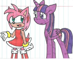 Size: 850x689 | Tagged: safe, artist:cmara, derpibooru import, twilight sparkle, twilight sparkle (alicorn), alicorn, pony, amy rose, crossover, female, mare, sonic the hedgehog (series), traditional art