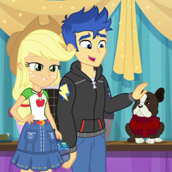 Size: 1077x1077 | Tagged: safe, screencap, applejack, flash sentry, dog, best in show: the pre-show, better together, equestria girls, banana (dog), boston terrier, clothes, cropped, denim skirt, geode of super strength, magical geodes, microphone, petting, skirt