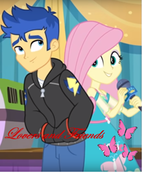 Size: 555x669 | Tagged: safe, artist:ilovegreendeathsalot, edit, flash sentry, fluttershy, best in show: the pre-show, better together, equestria girls, cute, female, flutterflash, geode of fauna, magical geodes, male, microphone, shipping, straight