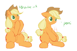 Size: 1698x1132 | Tagged: safe, artist:frist44, applejack, earth pony, pony, honest apple, boi, breathing, chest fluff, cowboy hat, cute, dialogue, floppy ears, fluffy, hat, jackabetes, meme, poni, raised hoof, roasted, simple background, sitting, solo, white background