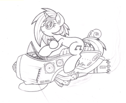 Size: 800x653 | Tagged: safe, artist:dfectivedvice, dj pon-3, vinyl scratch, pony, unicorn, grayscale, hoverbike, monochrome, riding, solo, traditional art