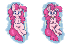 Size: 1600x1000 | Tagged: safe, artist:heir-of-rick, pinkie pie, cow, earth pony, pony, bell, bell collar, belly, collar, cowified, cute, diapinkes, female, horns, looking at you, mare, pincow pie, smiling, species swap, spots