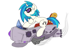 Size: 3000x2000 | Tagged: safe, artist:dfectivedvice, artist:dragonfoorm, dj pon-3, vinyl scratch, pony, unicorn, hoverbike, riding, simple background, solo, white background