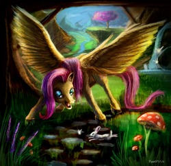 Size: 3600x3479 | Tagged: safe, artist:calebp1716, angel bunny, fluttershy, pegasus, pony, mushrooms, spread wings, wings