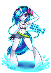 Size: 1193x1700 | Tagged: safe, artist:churobu, dj pon-3, vinyl scratch, anthro, armpits, belly button, clothes, daisy dukes, fingerless gloves, gloves, headphones, midriff, solo, tanktop