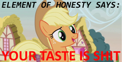 Size: 1376x703 | Tagged: safe, edit, edited screencap, screencap, applejack, earth pony, pony, honest apple, caption, meme, solo, swearing, vulgar