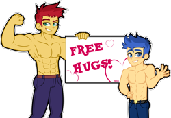 Size: 4000x2756 | Tagged: safe, artist:orin331, flash magnus, flash sentry, equestria girls, abs, armpits, belly button, clothes, equestria girls-ified, flex sentry, muscles, nipples, nudity, partial nudity, sign, simple background, smiling, topless, transparent background