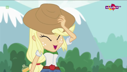 Size: 1366x768 | Tagged: safe, screencap, applejack, dance magic, equestria girls, spoiler:eqg specials, cute, happy, hat, jackabetes, juice, orange juice, orange soda, teletoon