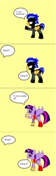 Size: 830x2605 | Tagged: safe, artist:rogueheart101, flash sentry, twilight sparkle, twilight sparkle (alicorn), alicorn, pony, pony creator, batman, clothes, comic, cosplay, costume, crossover, dialogue, lego, simple background, speech bubble, the lego movie, wonder woman, yellow background