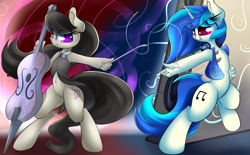 Size: 3800x2350 | Tagged: safe, artist:madacon, dj pon-3, octavia melody, vinyl scratch, anthro, semi-anthro, unguligrade anthro, backwards cutie mark, belly button, bottomless, cello, clothes, headphones, musical instrument, speakers, vest