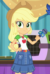 Size: 675x1000 | Tagged: safe, screencap, applejack, flash sentry, best in show: the pre-show, better together, equestria girls, applejack's hat, belt, clothes, cowboy hat, cropped, denim skirt, freckles, geode of super strength, hat, magical geodes, microphone, offscreen character, skirt, smiling, stetson